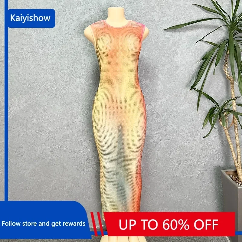 

Luxury Beads Sexy Slim Long Maxi Dress Women 2023 Summer Elegant Bodycon Mesh See Through Night Party Club Birthday Dresses New