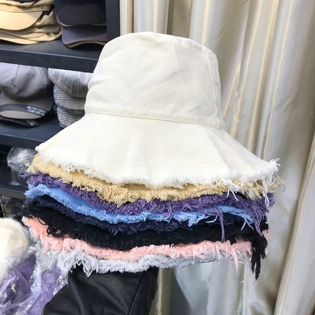 Oversized Bucket Hats Frayed Washed Denim Cotton Beach Hat Women Outdoor UV- Protection Casual Sunscreen Visor Fisherman Caps - AliExpress