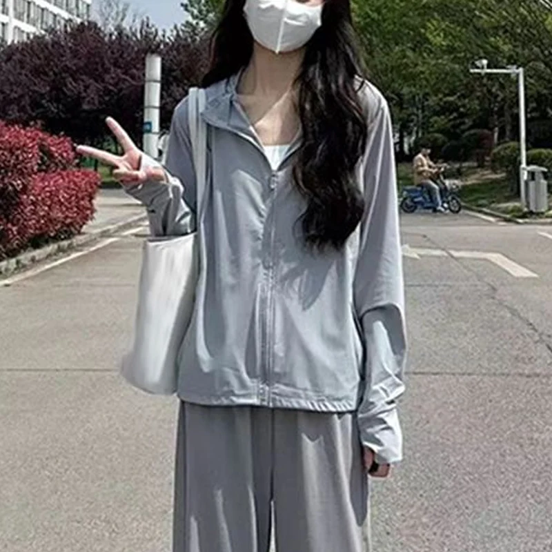 Spring Summer New Hooded Fashion Long Sleeve Cardigan Women High Street Breathable Zipper Patchwork Pockets Sunscreen Clothing