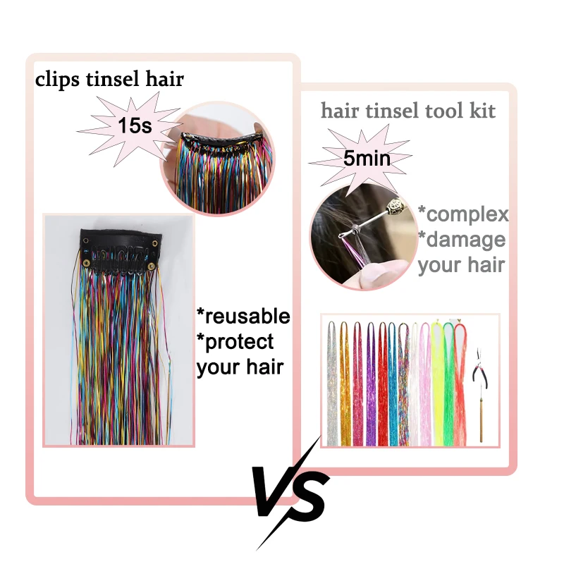 2PCS Synthetic Hair Tinsel Clip in Extensions Colored Sparkle Hair Tinsel Kit with BB Clip for Kids Girls Christmas Party Use