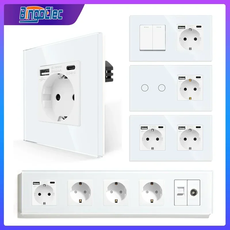 Tomada de Parede com Usb tipo c Interruptor e Tomada com tv Internet Cat6 Interface Padrão da ue Branco Cristal Luz Interruptor