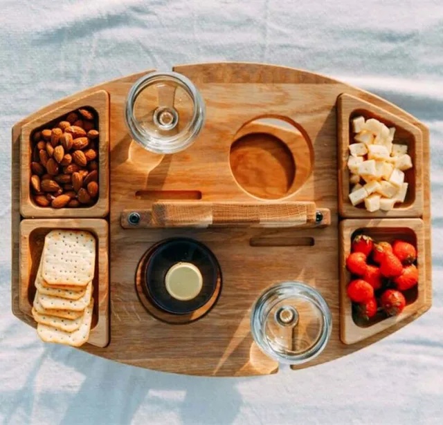 Wooden Folding Picnic Table With Glass Holder Round Foldable Desk Wine Glass Rack Collapsible Table Snack Tray Outdoor Tables 2