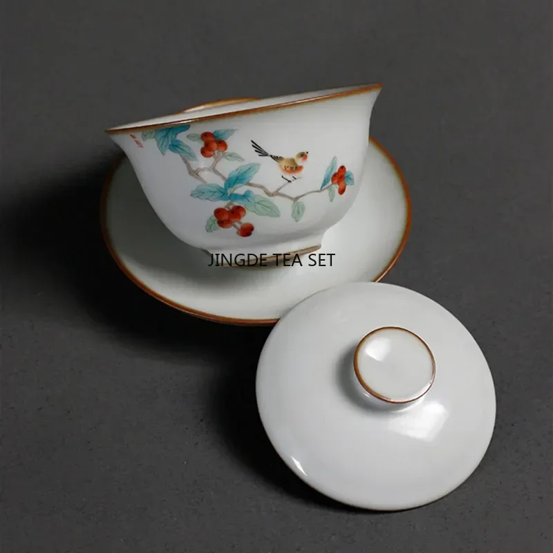 Chinese Handmade Ru Kiln Tea Cup with Cute Cat Pattern Ceramic Lid Bowl Travel Tea Set