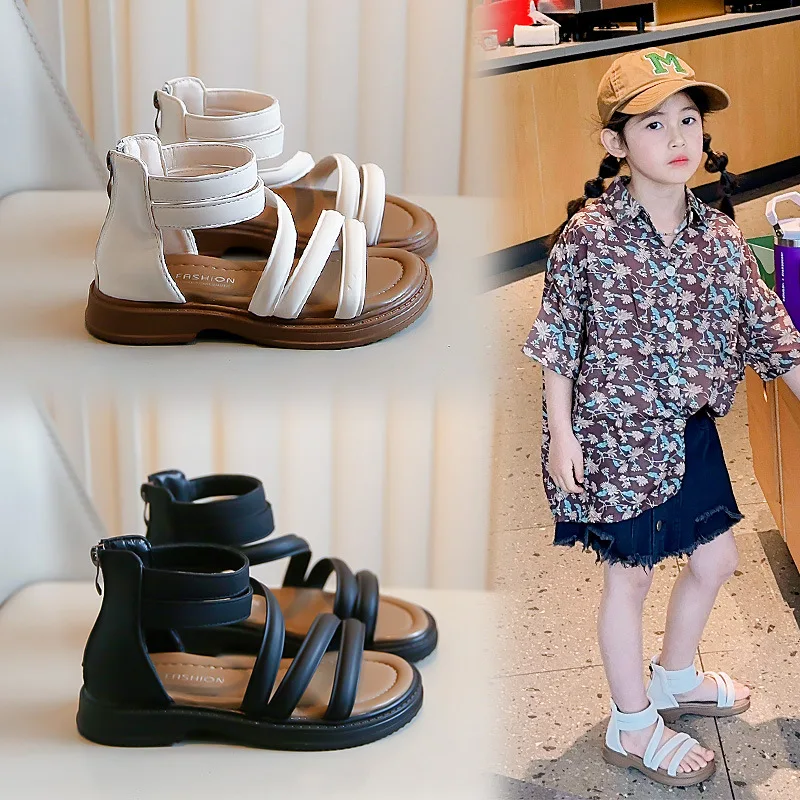 

Girls Roman Gladiator Sandals 2024 New Children's Sweet Fashion Beach Shoes for Summer Vacation Kids Elegant Princess Flat Shoes
