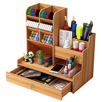 Organizzatore da scrivania in legno Portapenne ordinato da tavolo fai-da-te Scatola portaoggetti per cancelleria di grande capacità con cassetto per ufficio domestico e scuola