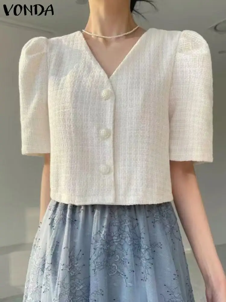 

Fashion Shirts 2023 VONDA Elegant Lady Office Tunic Women Sexy Puff Sleeve Blouse Sexy Solid Color V Neck Shirts Summer Tops