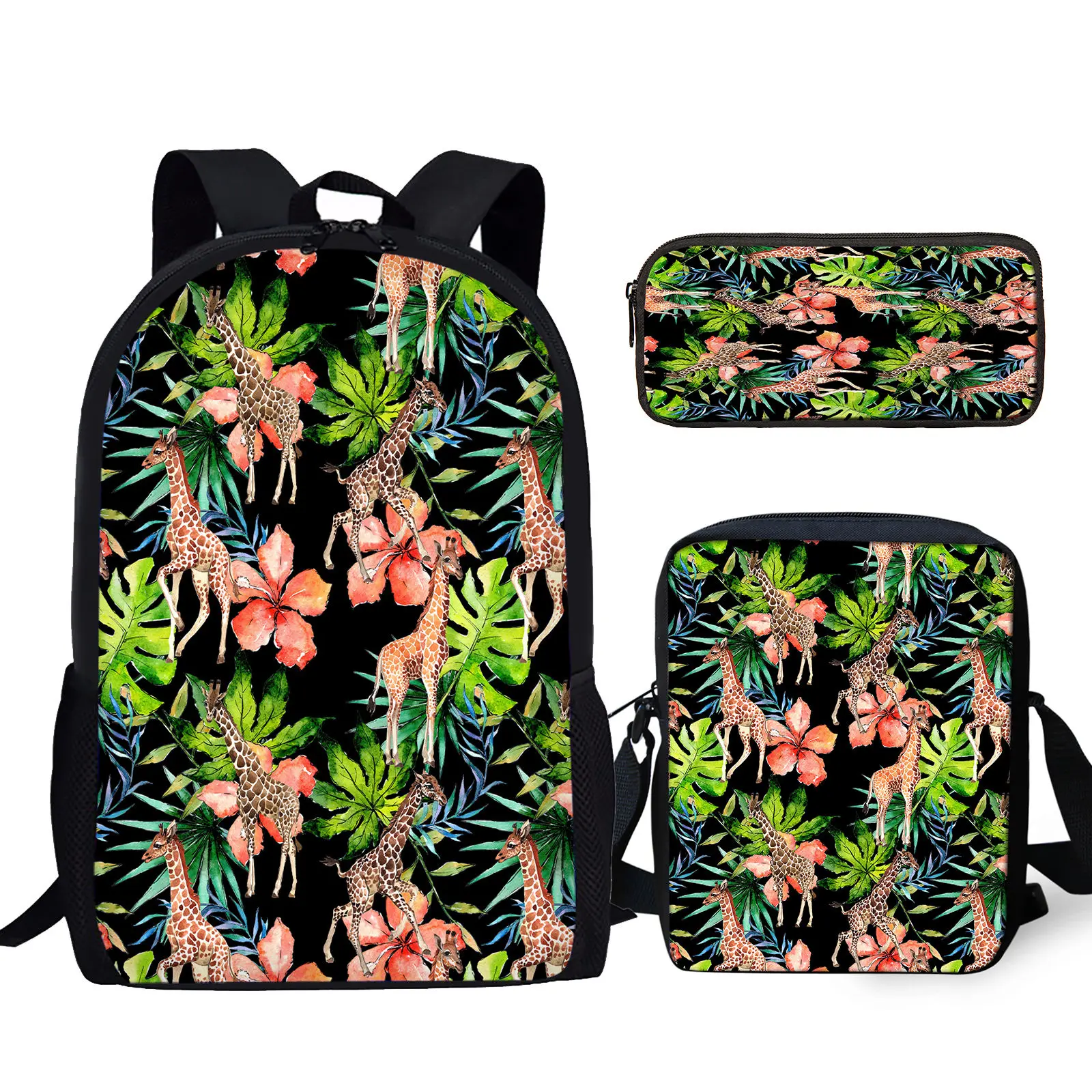 

YIKELUO Tropical Plant Giraffe Print Teen Backpack Palm Leaf Hibiscus Design Student Textbook Knapsack Messenger Bag With Zipper