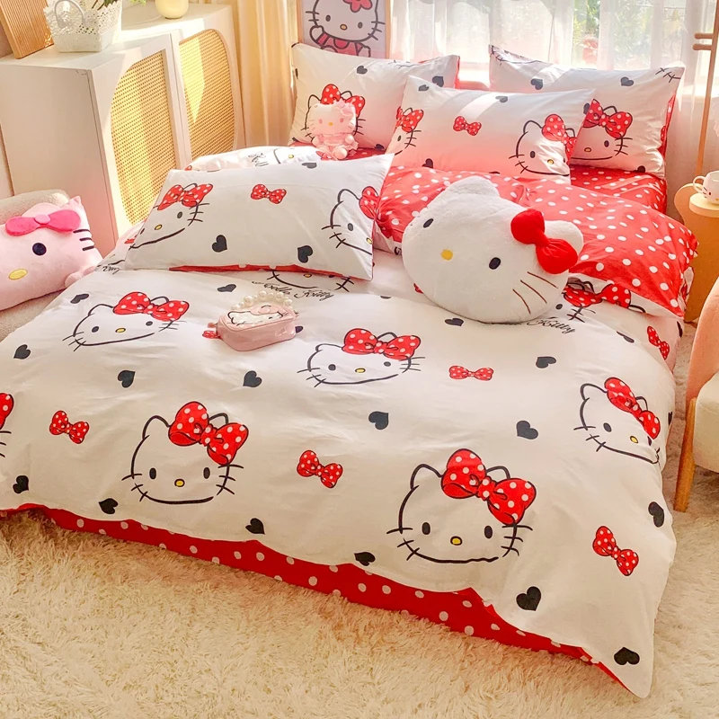 

Постельное белье из трех предметов с изображением героев мультфильмов Hello Kitty и милых периферийных сердечек для девочек, простыня, пододеяльник, креативное детское постельное белье, оптовая продажа
