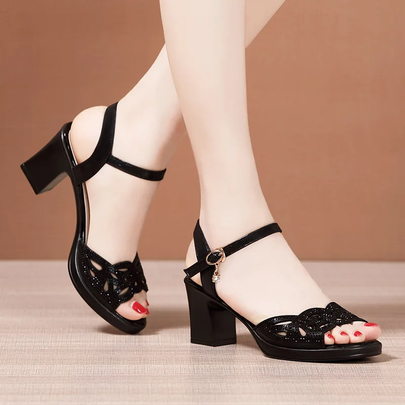 High quality sandals for women 5cm mid heel new 2025 summer size 32 33 42 43 platform open toe elegant fashion shoe black 3