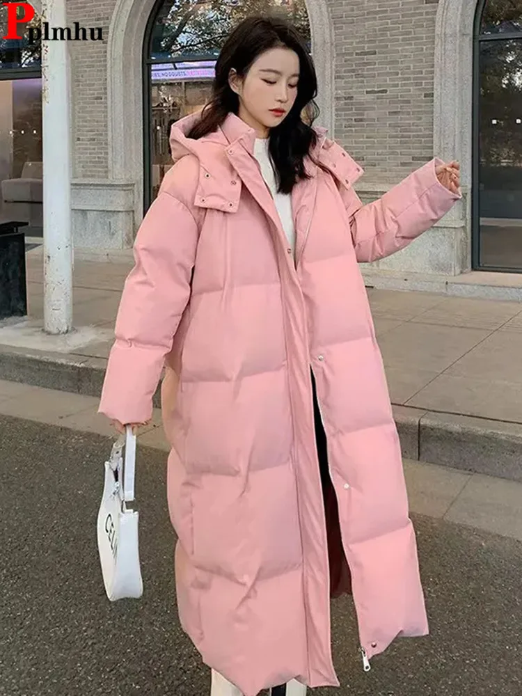 

Solid Pink Hooded Cotton Padded Parkas Chaquetas Winter Chic Fashion Women Mid-length Coats Warm Snow Wear Parcas Jaqueta New