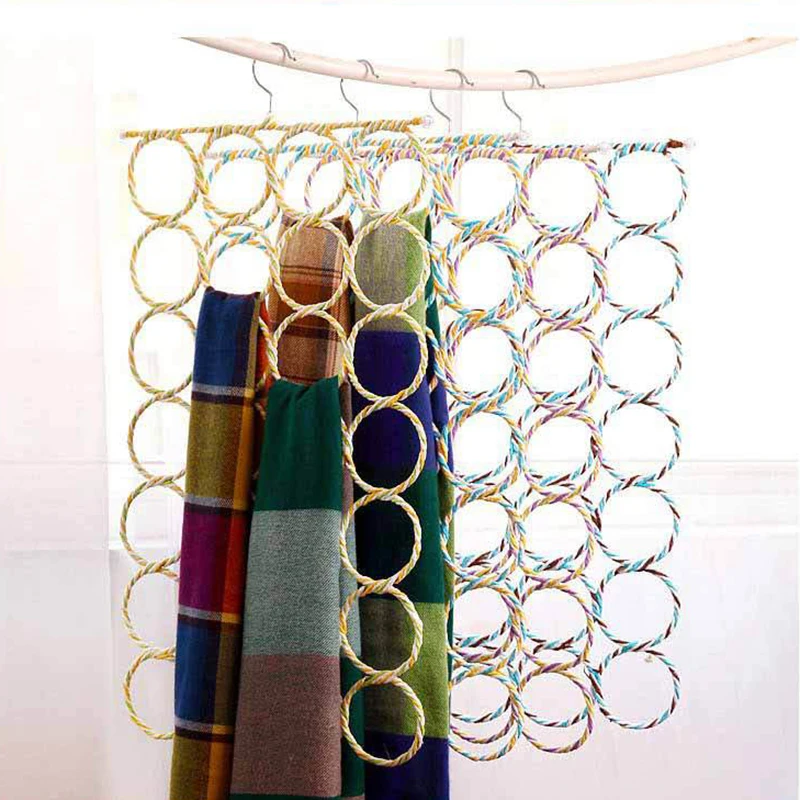 28/12 Holes Scarf Holder Foldable Tie Belt Hanger Hooks Shawl Scarves Rattan Weave Display Rack Wardrobe Space Organizer