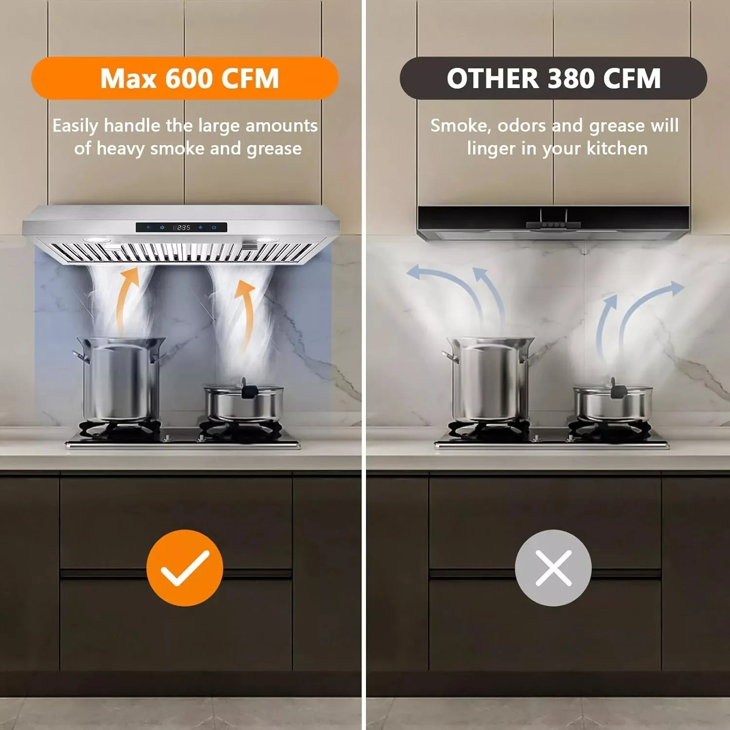 30 inch 600CFM Under Cabinet  3-Speed Touch Panel Vent LED Range Hood US0475BTC 5