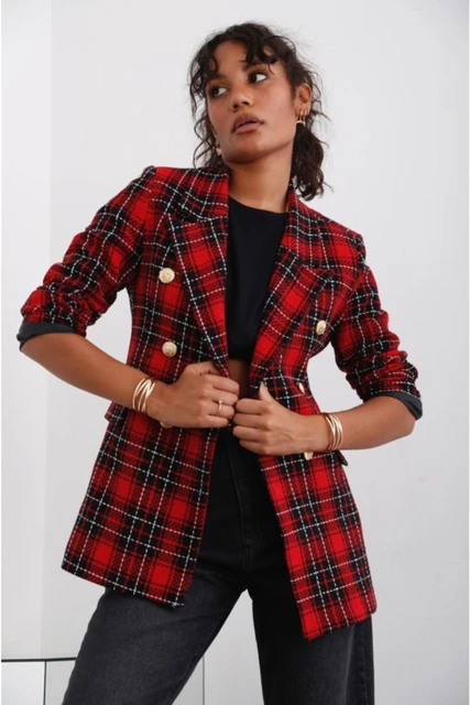 Chaqueta con patrón de cuadros rojos para mujer, Blazer forrado con de botones dorados, doble botonadura _ AliExpress