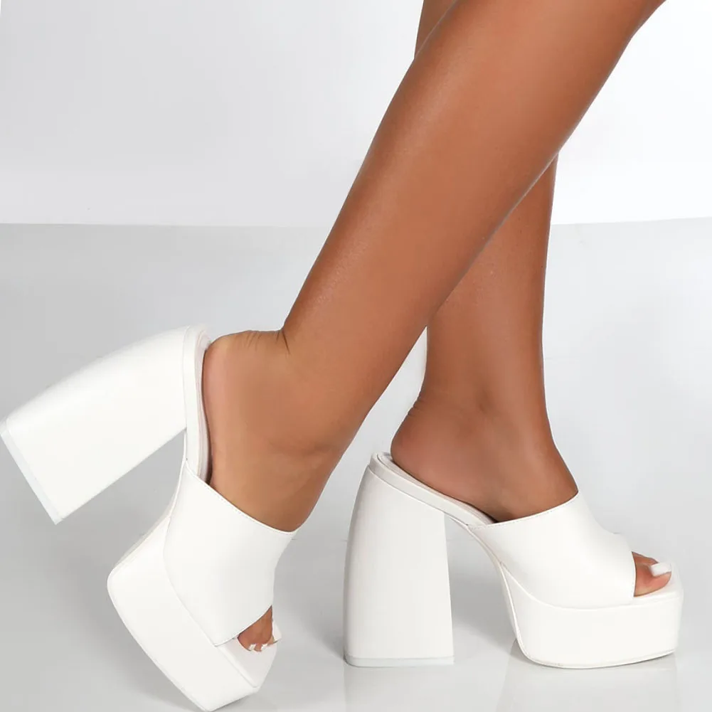 GIGIFOX Brand New Big Size 43 Summer White Chunky Heeled Mules High Heels Sexy Party Platform Heel Sandals Shoes For Women 2022