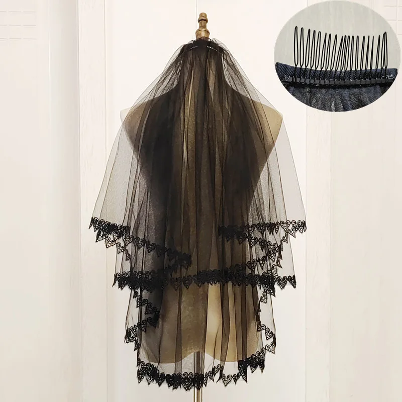 

Halloween Ghost Bride Veil Cosplay Witch Black Veils Wedding Accessories Off White Short Lace Velo with Hair Comb Elegant