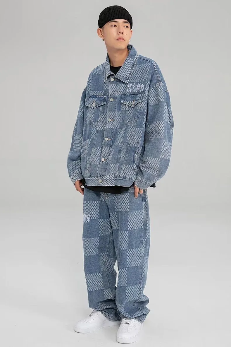 Suit 2023 Spring and Autumn fashion street hip hop Alphabet Embroidery Loose plaid denim Jacket Vintage lapel Casual suit