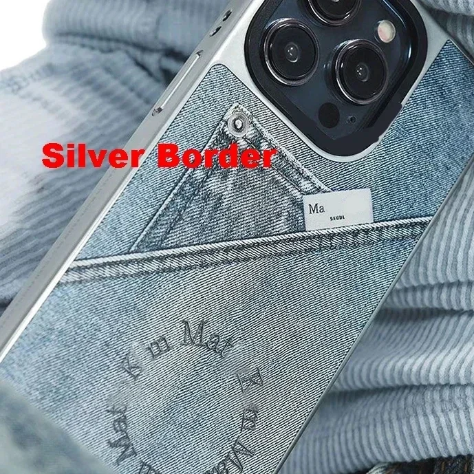 Korean Fashion Denim iPhone 12 13 14 15 Pro Max Case – Mirror Surface Silver Border iPhone Case with MagSafe Engraved C