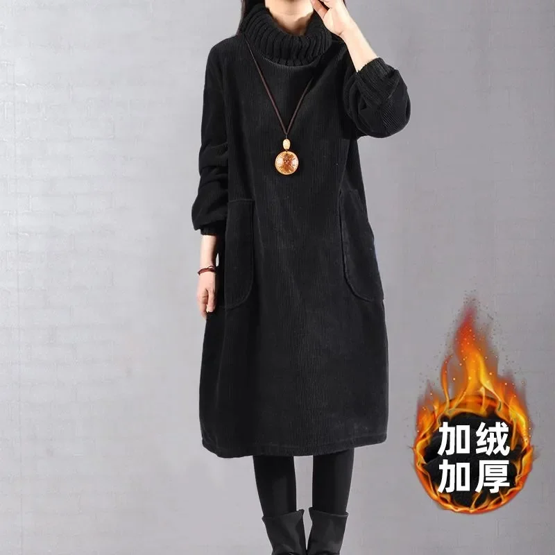 Knit High Neck Velvet Plus Long Corduroy Dress Female Pocket Dress SPring Autumn Dress Women's Long Knitted Dress Female Pullove