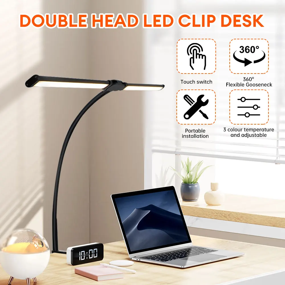 

Double Head LED Clip Desk Lamp Flexible Gooseneck Reading Lamp Dimmable Computer Monitor Clamp Light Eye Protection Book Light