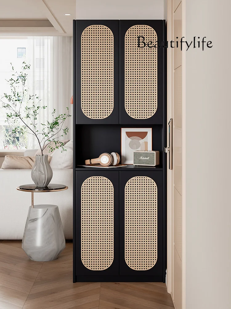 

Solid Wood Rattan Shoe Cabinet Heightened Vertical Home Doorway Entrance Cabinet Large Capacity Balcony Locker