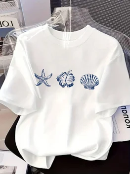 Starfish Shell Graphic T-Shirt Ocean Beach Style Hibiscus Flower Print Tee Summer Harajuku Casual White Tops Women 1