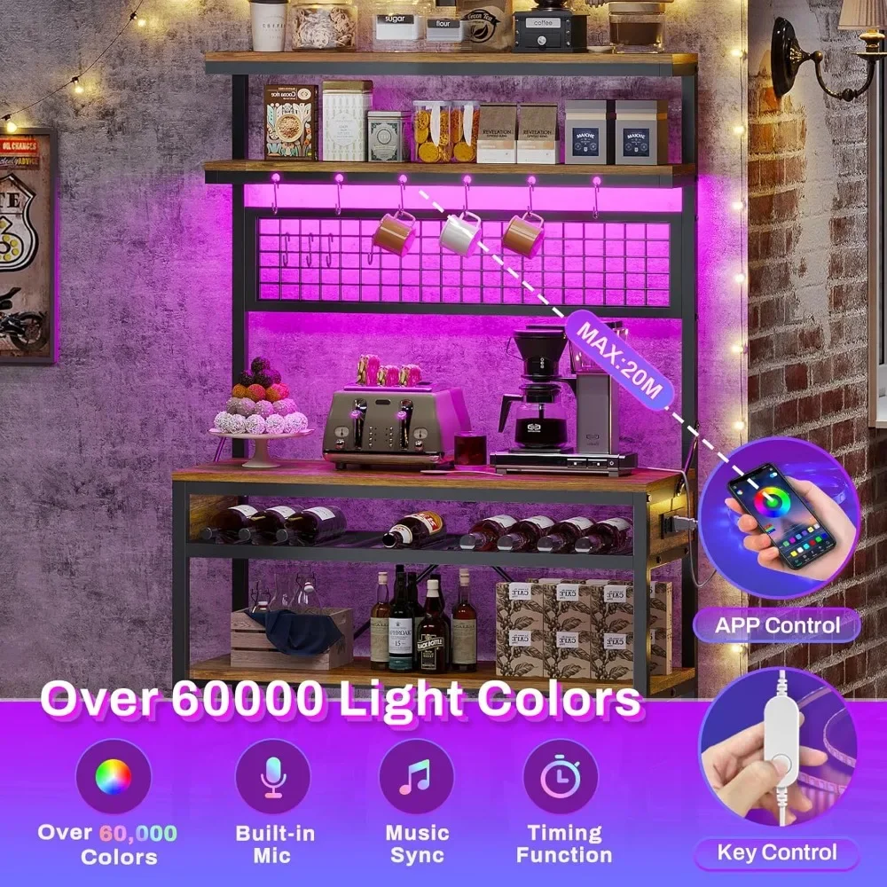 Itaar Bakers Rack with Power Outlet, 6-Tier Coffee Bar, Microwave Stand with Wine Rack, LED Lights and 10 Hooks, Bakers Racks 3
