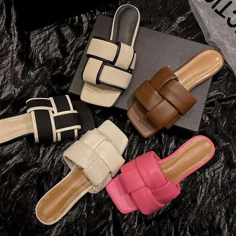 French square toe woven sheepskin slippers with flat bottoms and mesh red slippers for women's summer new external wear sandals