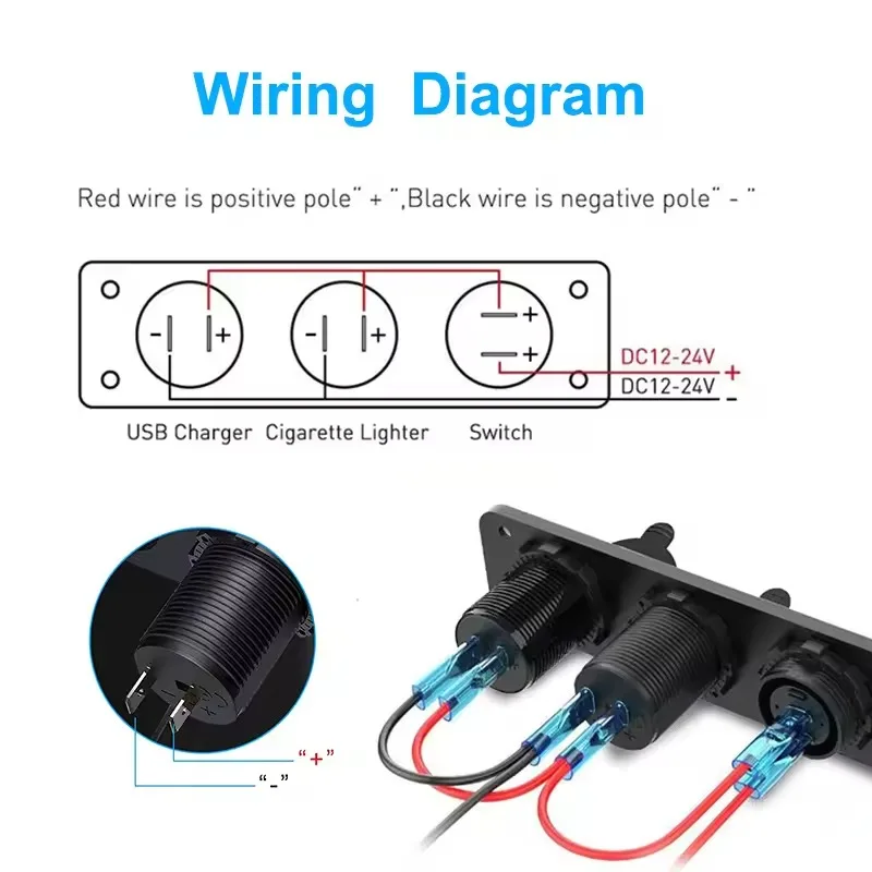 12V Black ABS Car Charger Socket Panel with Dual Quick Charge USB