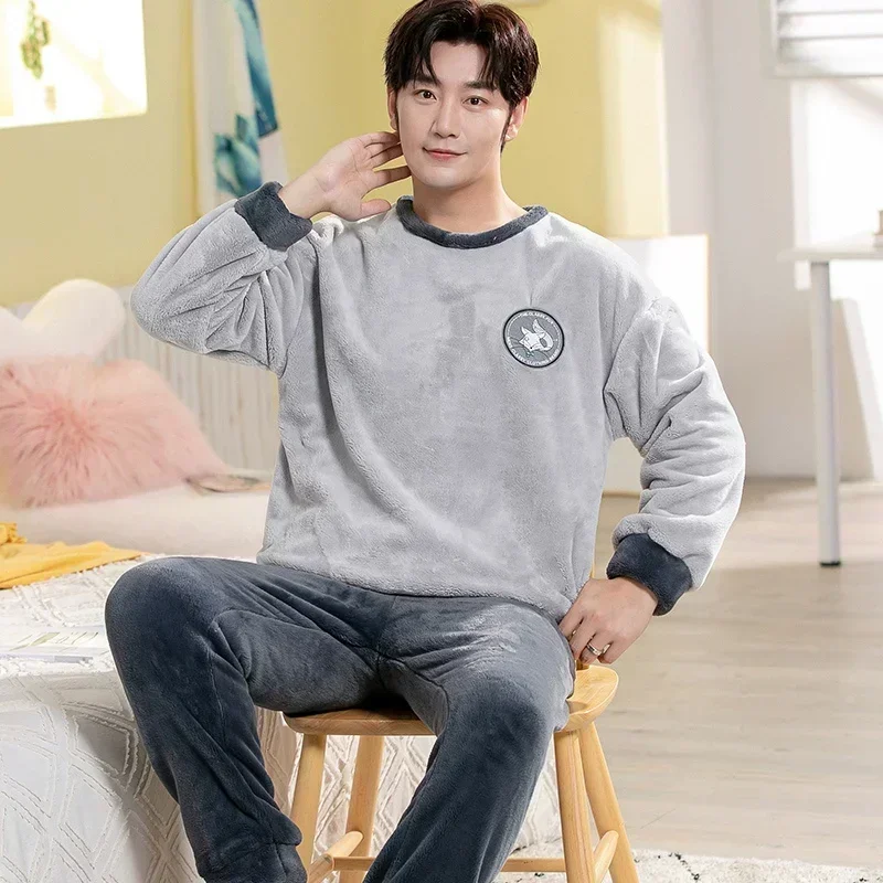 2023 Winter Long Sleeve Thick Warm Flannel Pajama Sets for Men Korean Loose Coral Velvet Sleepwear Pyjamas Homewear Home Clothes