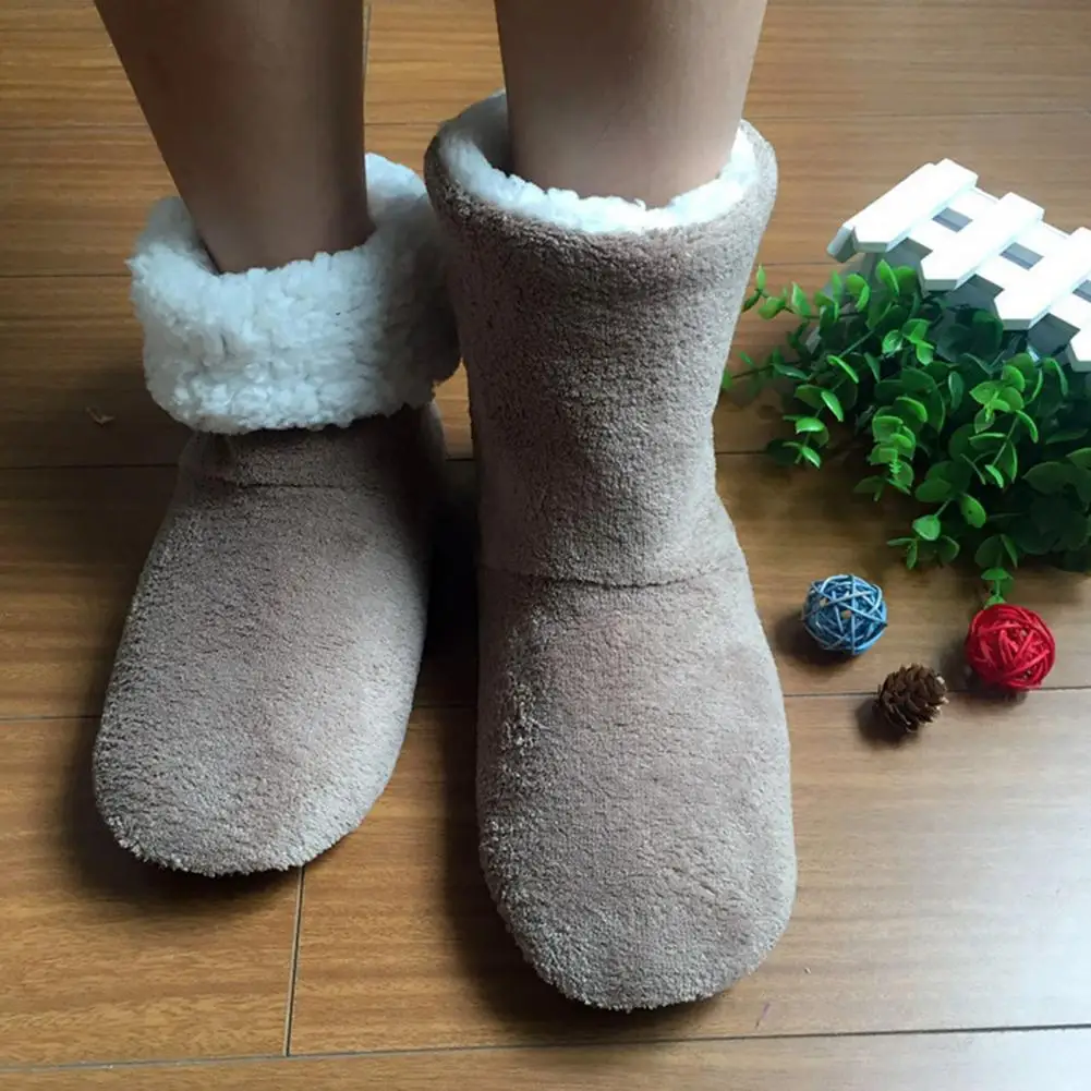 

1 Pair Winter Floor Boot Socks Non-slip Mid-calf Plush Lining Thickened Fuzzy Coldproof Solid Color Thermal Unisex Indoor Shoes