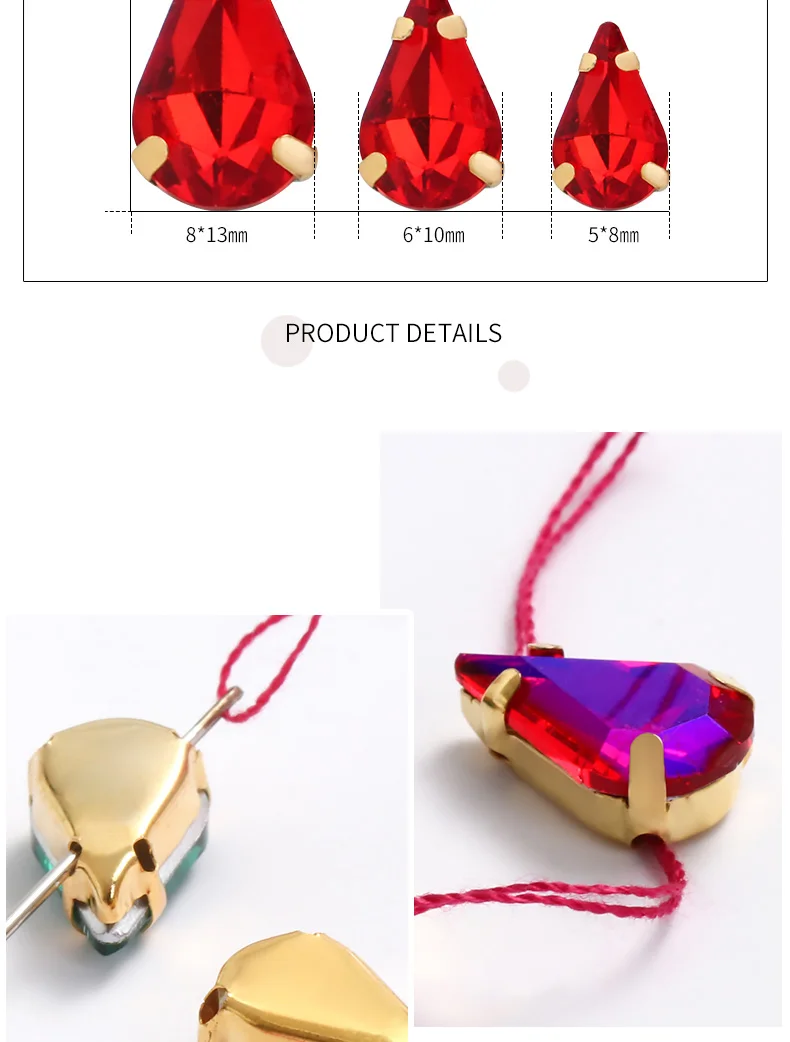 Description Picture 5 of itemTeardrop Shape Glass Rhinestone With Golden Claw Sew On Crystal Stone Strass Diamond For Wedding Dress Bag Crafts Embellishments