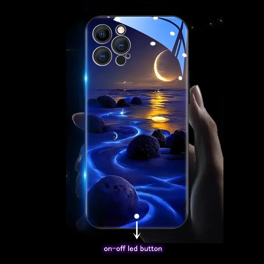 thumbnail image 1 of Botón de encendido y apagado, funda de Flash DE LUZ DE MONTAJE estético artístico para iPhone 14 15 Plus 13 12 11 Pro Max X XR XS, funda de cristal luminosa con paisaje, 1 of 4