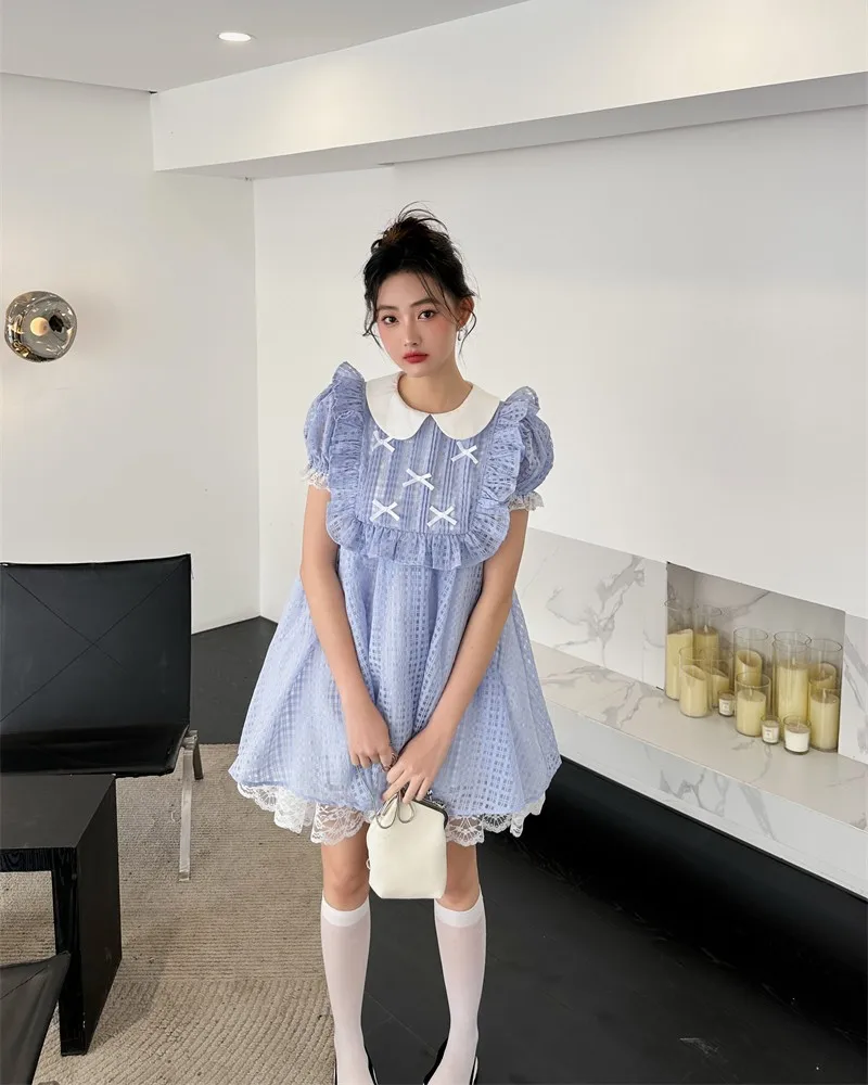 

Blue Plaid Lace Edge Dress Women'S Summer New French Doll Neck Lace Bubble Sleeves Short Sleeve Sweet And Lovely Princess Pengpe