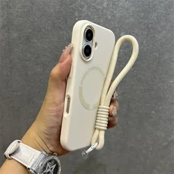 Liquid Silicone Magnetic Lanyard Phone Case with Bracelet - Soft Skin Feel Cover - iPhone 14 (Beige GS)