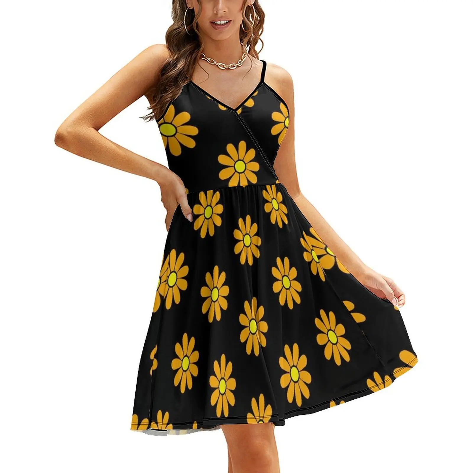 

Happy Orange Daisy Flower Power 60's 70s Retro Vintage Hippie Gardening Sling Dress dress dresses elegant guest wedding dress