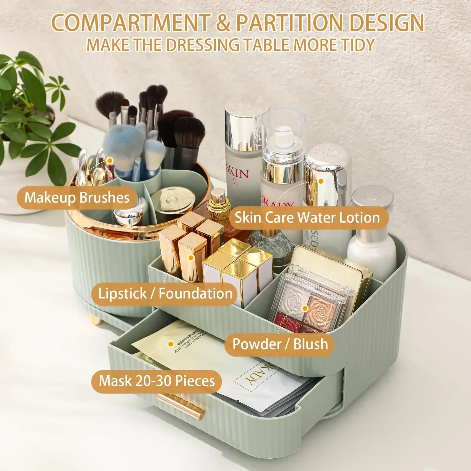 Large Capacity 360° Rotating Makeup and Skincare Organizer with Drawers