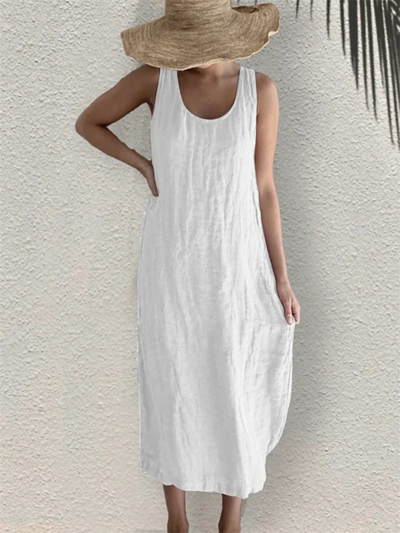 White Linen Dress Wedding ZXCTKA Women 2024 Summer Tank Dress Sleeveless U  Neck Printed/Solid Boho