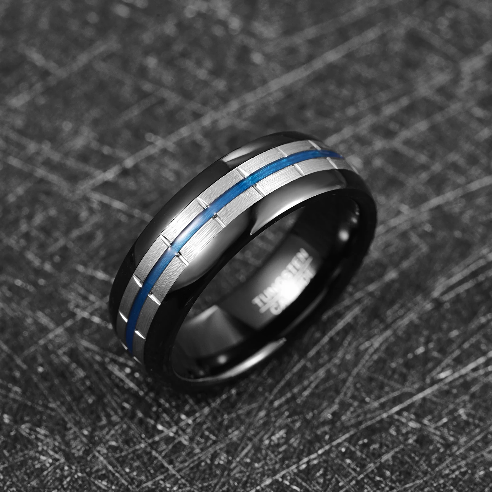 Nuncad 8mm Electroplated Black Blue Groove Tungsten Carbide Ring for Men Wedding Bands Jewelry Lovers Gift Size 7-12