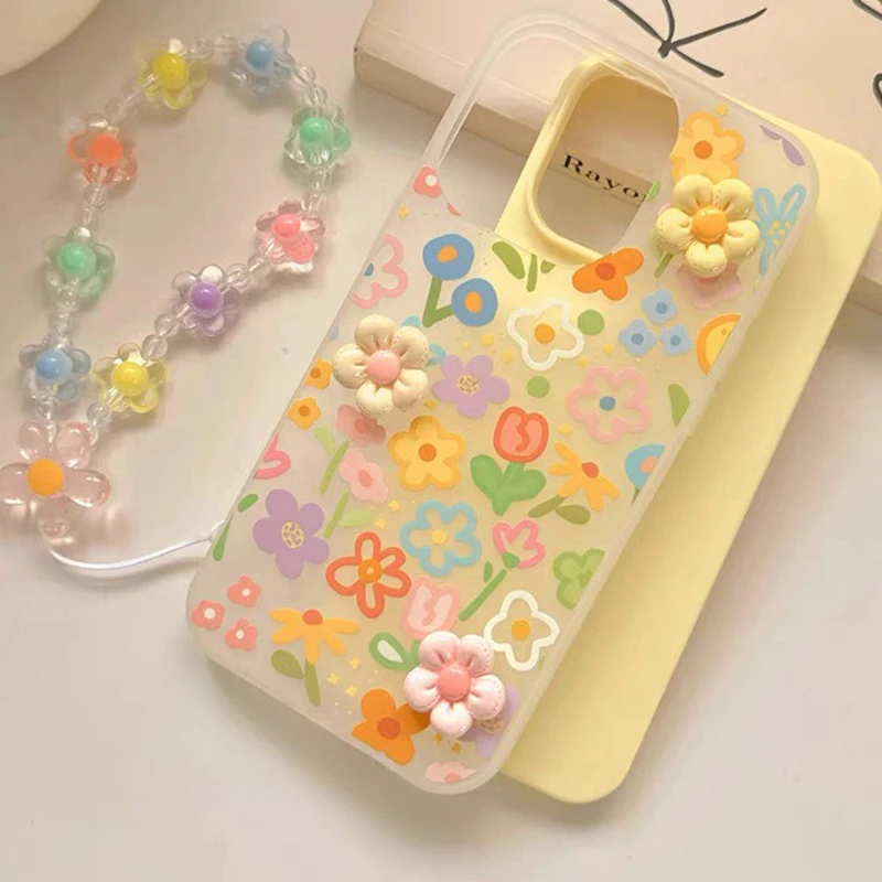Oil Painting Flower Design Phone Case with Lanyard - Shockproof Soft Cover