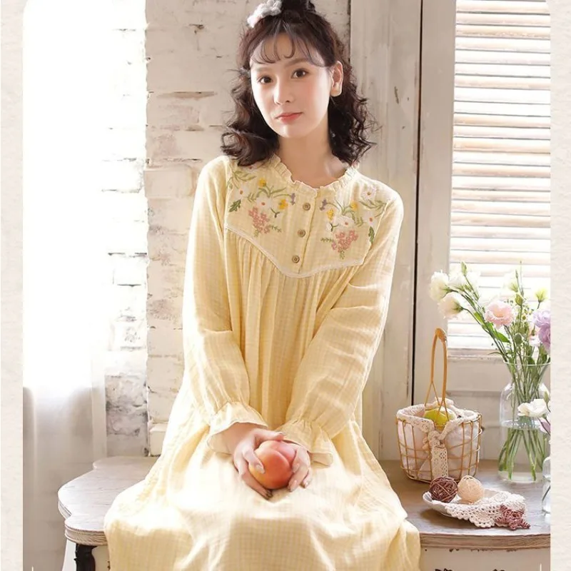 2024 New Pajama Dress Women's Spring Autumn Nightgowns Long Sleeves Embroidered Sleepshirts Girls Sweet Princess Home Clothes