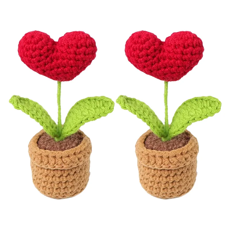 Handmade Knitted Flower Pot Red Heart Shaped Fake Potted Plant Christmas Valentine's Day Mothers Day Gift Home Table Decoration