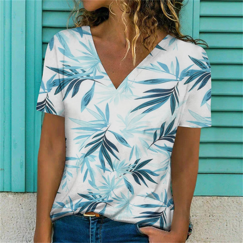 

Fashion T-shirts For Women 3d Leaf Flowers Print V-neck Short-sleeve Tops Tees 2023 Summer New Large Size T Shirt Woman Clothing