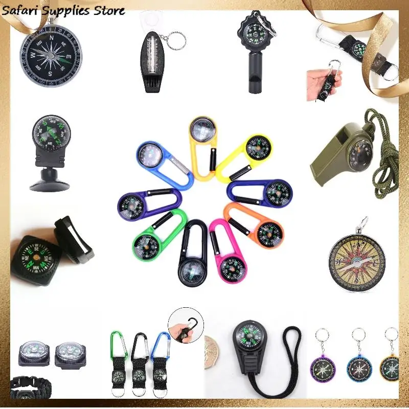 

1Pc Multifunction Mini Survival Keychain Compass Outdoor Camping Hiking Finding Way Thermometer Utility Gear Compass