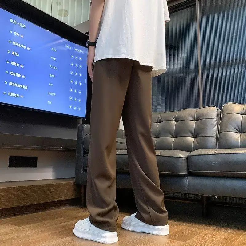 American Vintage Street Summer Wide Leg Pants Men's Solid Elastic Waist Drawstring Pocket Fashion Casual Loose Straight Trousers