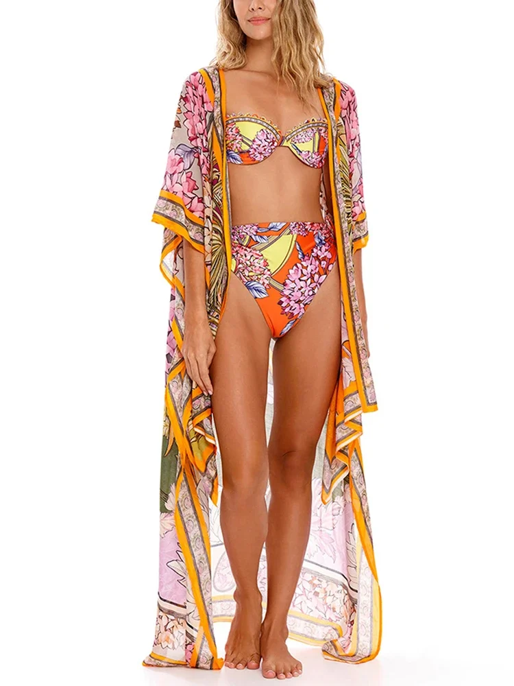 2024 Chic Printed Fashion Bikinis Set and Cover Up Women's Two Piece Swimsuits Sexy Beach Swimwear Luxury Bathing Suit Beachwear