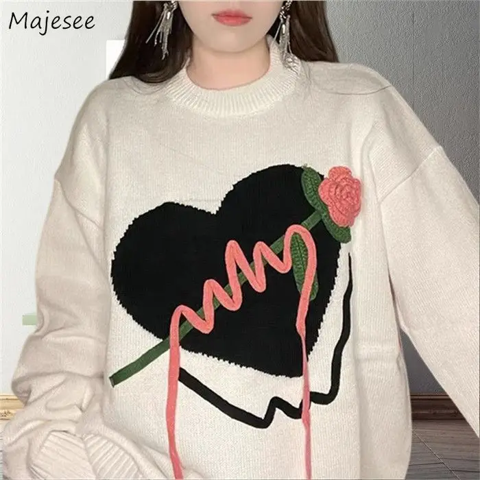

Women Pullovers O-neck Sweater Loose Chic Ulzzang Comfort Trendy Tender Sweet Leisure Knitting Long Sleeve Fresh All-match Newly