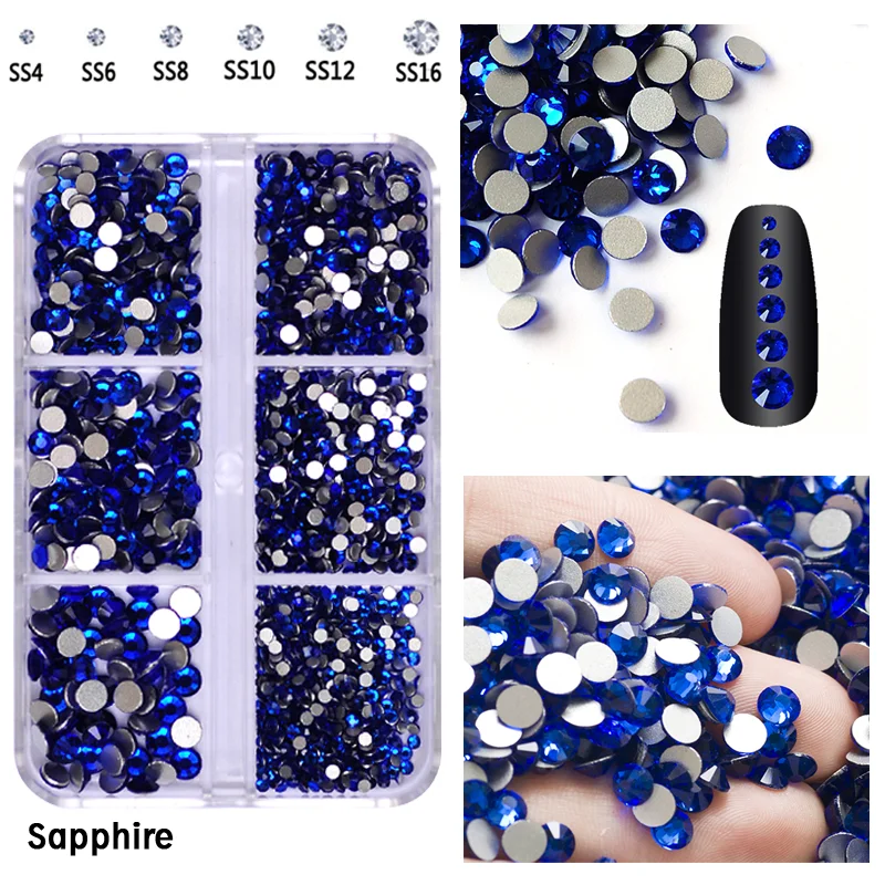 

YanRuo 6Girds Box Rhinestones SS4-SS16 Sapphire Non Hotfix Glass Glitter Flatback DIY Decorative Beauty Accessories For Nail Art