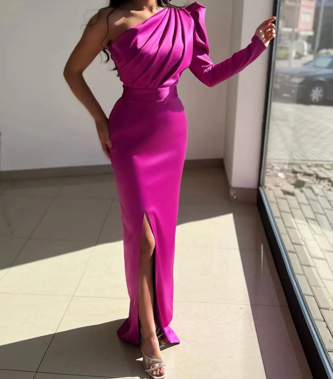 

Fushcia Side Slit Sexy Prom Dresses Ruched One Shoulder Long Sleeve Women Wear Formal Gowns for Wedding Party Evening