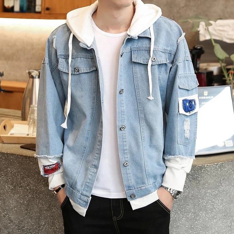 

Men Denim Jacket Streetwear Hip Hop Hooded Jean Coat Male Casual Long Sleeve Outwear 2021 Autumn Fashion Slim Jaqueta Masculina