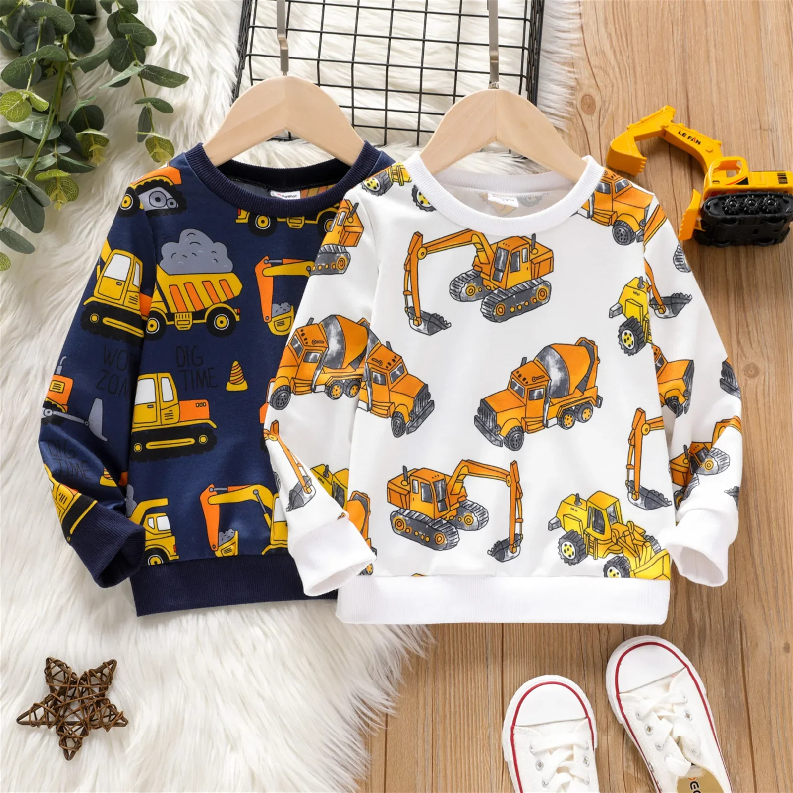 Kids Hoodie Sweatshirts Toddler Boy Vehicle Excavator Print Pullover Basic Style For Outings Daily Wear